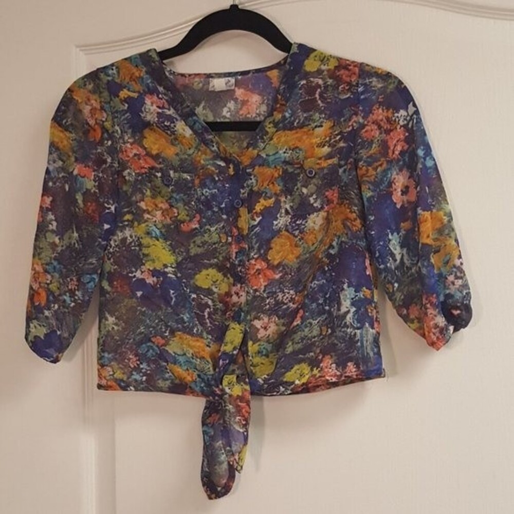 Disney D-signed Sheer Blue Floral Tie Front Shirt